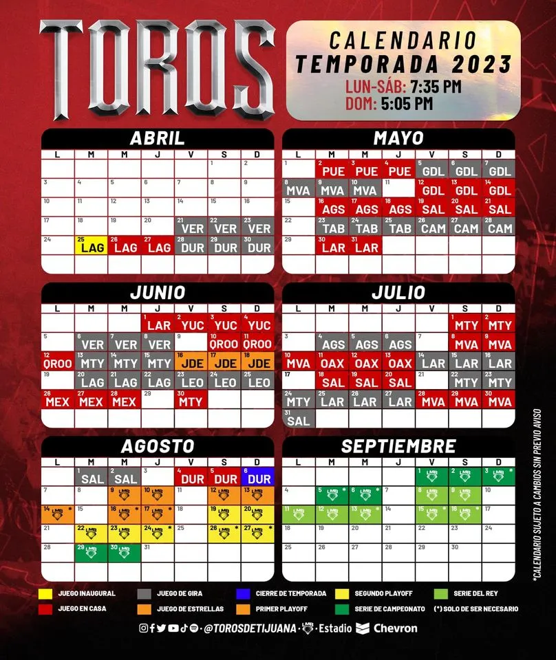 Calendario Toros de Tijuana Temporada 2023 Beisbol