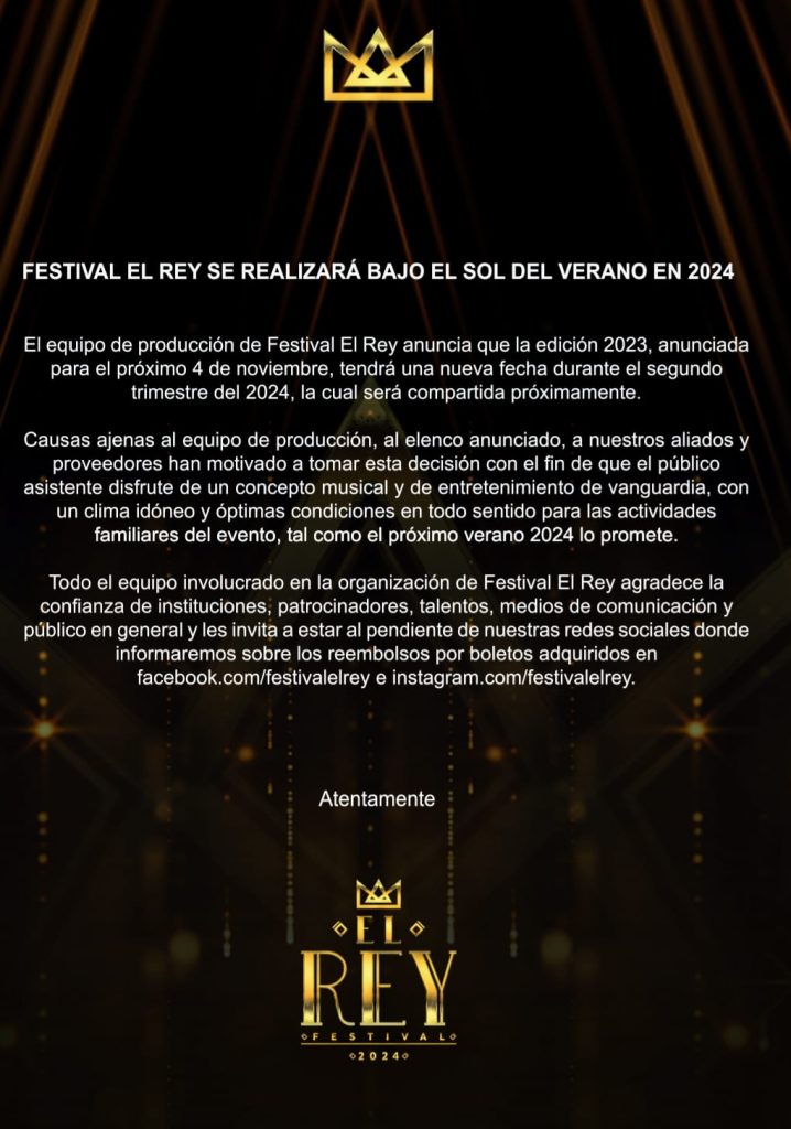 Boletin El Rey Festival Pospuesto