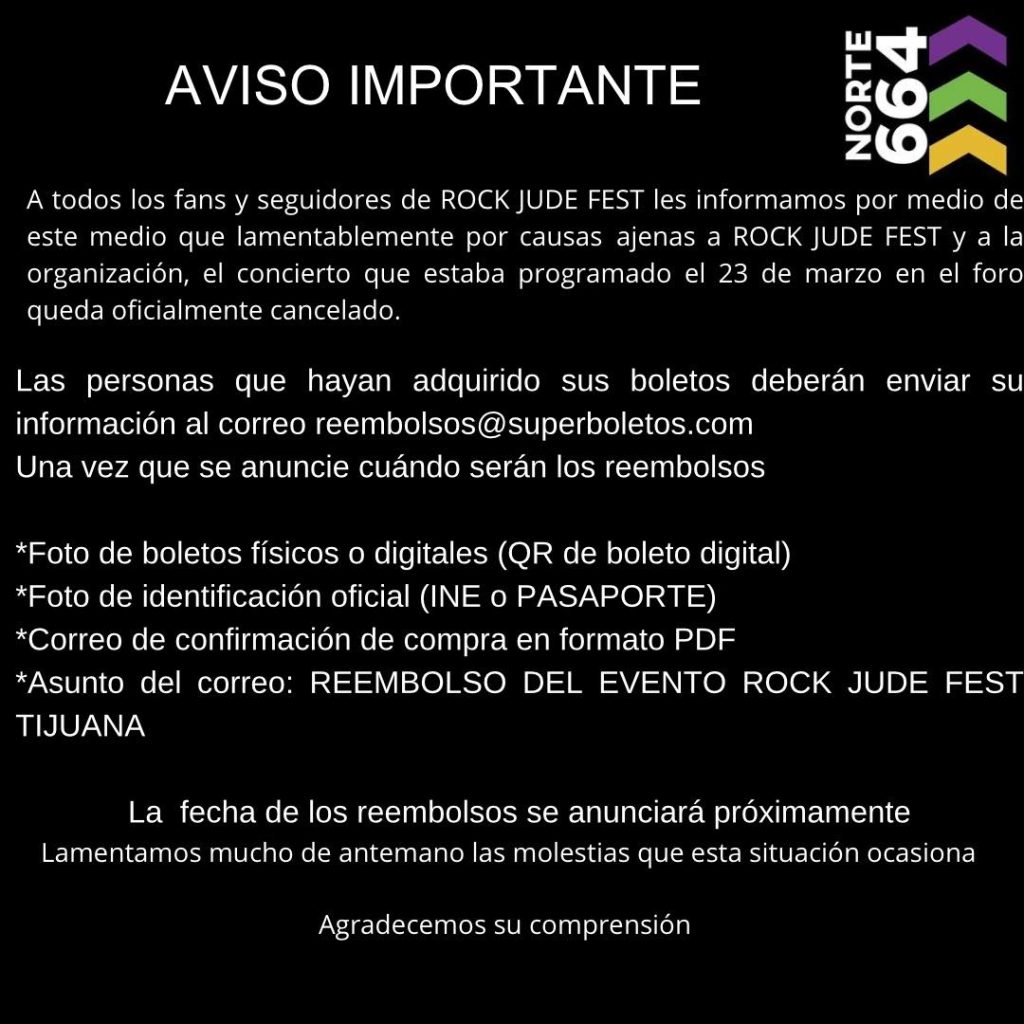 Boletín cancelación Rock Jude en Tijuana 2024