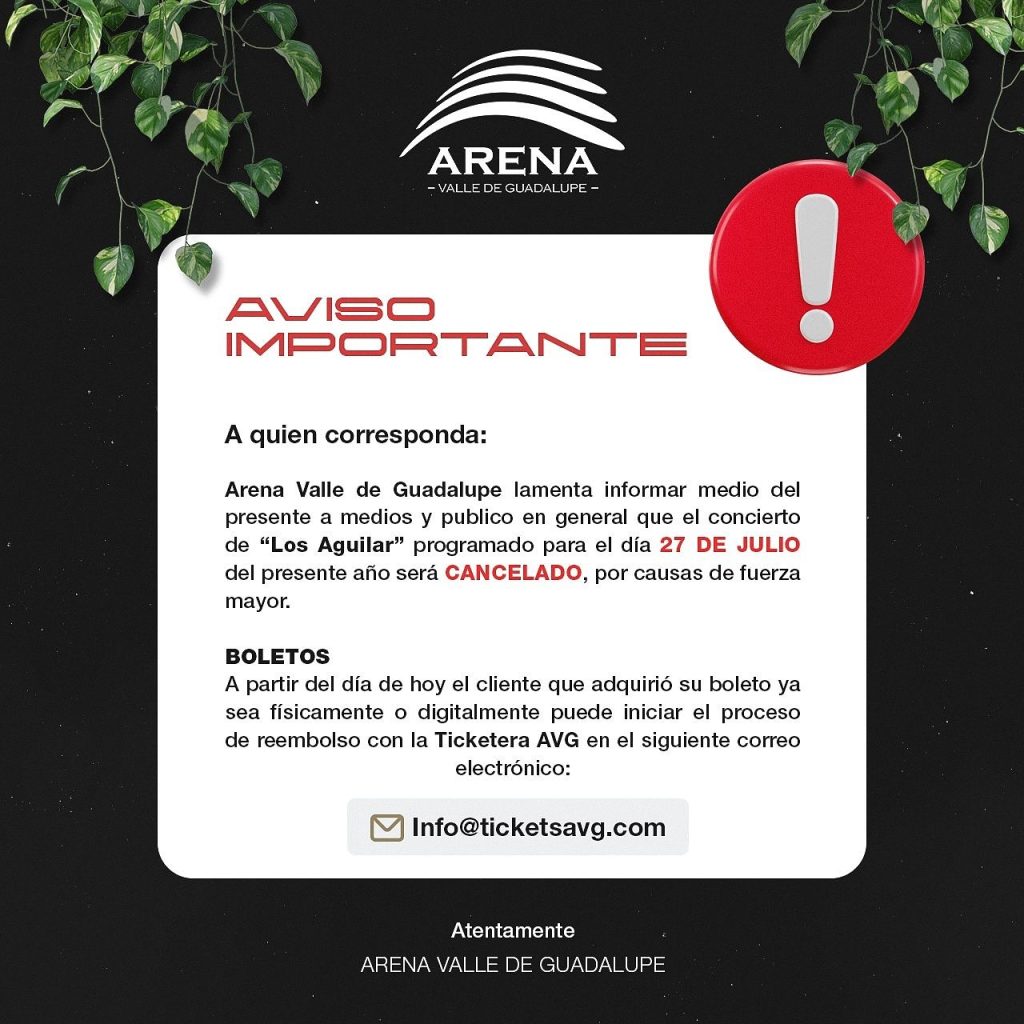 Boletin Cancelacion concierto Los Aguilar en Valle de Guadalupe 2024