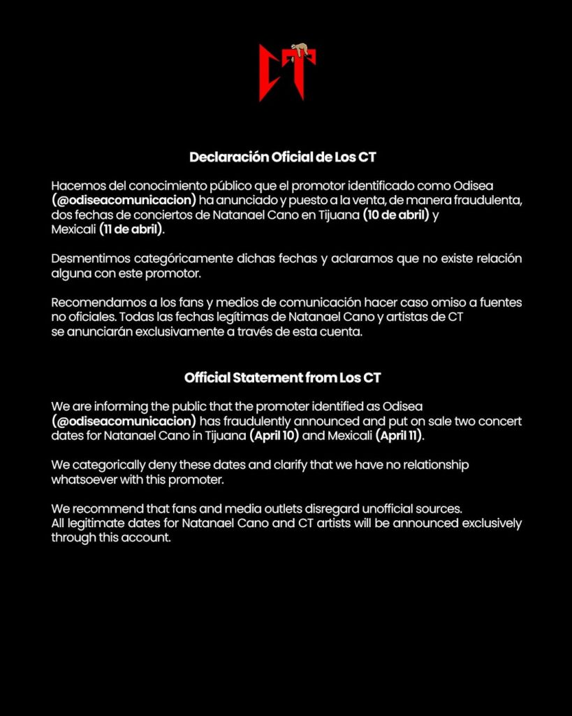 Boletin Los CT Cancelación Natalael Cano en Tijuana 2026